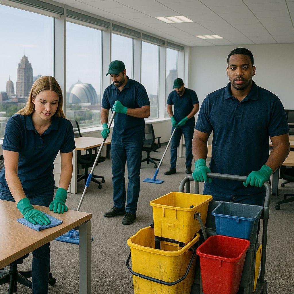 Four office cleaners in blue uniforms and green gloves tidy desks and floors in a modern office for Commercial Cleaning Servi