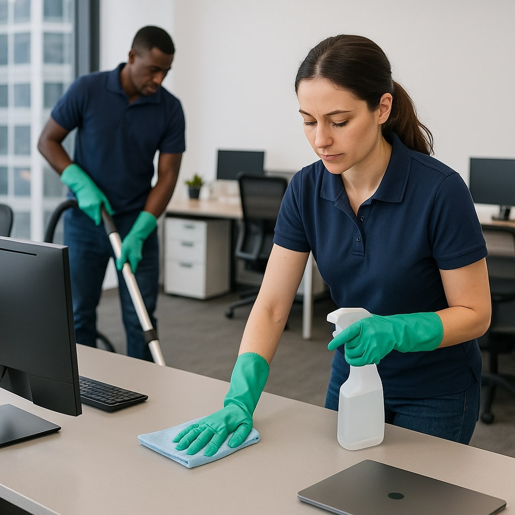 People working at desks in a modern office with large windows, exposed brick walls, and indoor plants. One person, part of th