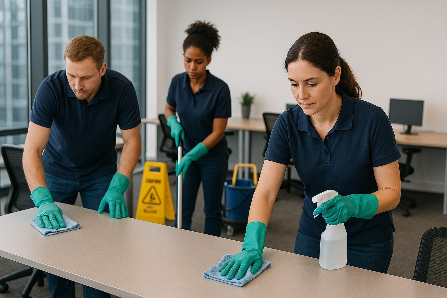 Three office cleaners in gloves and navy uniforms wipe down desks and clean floors with supplies in a modern office, exemplif