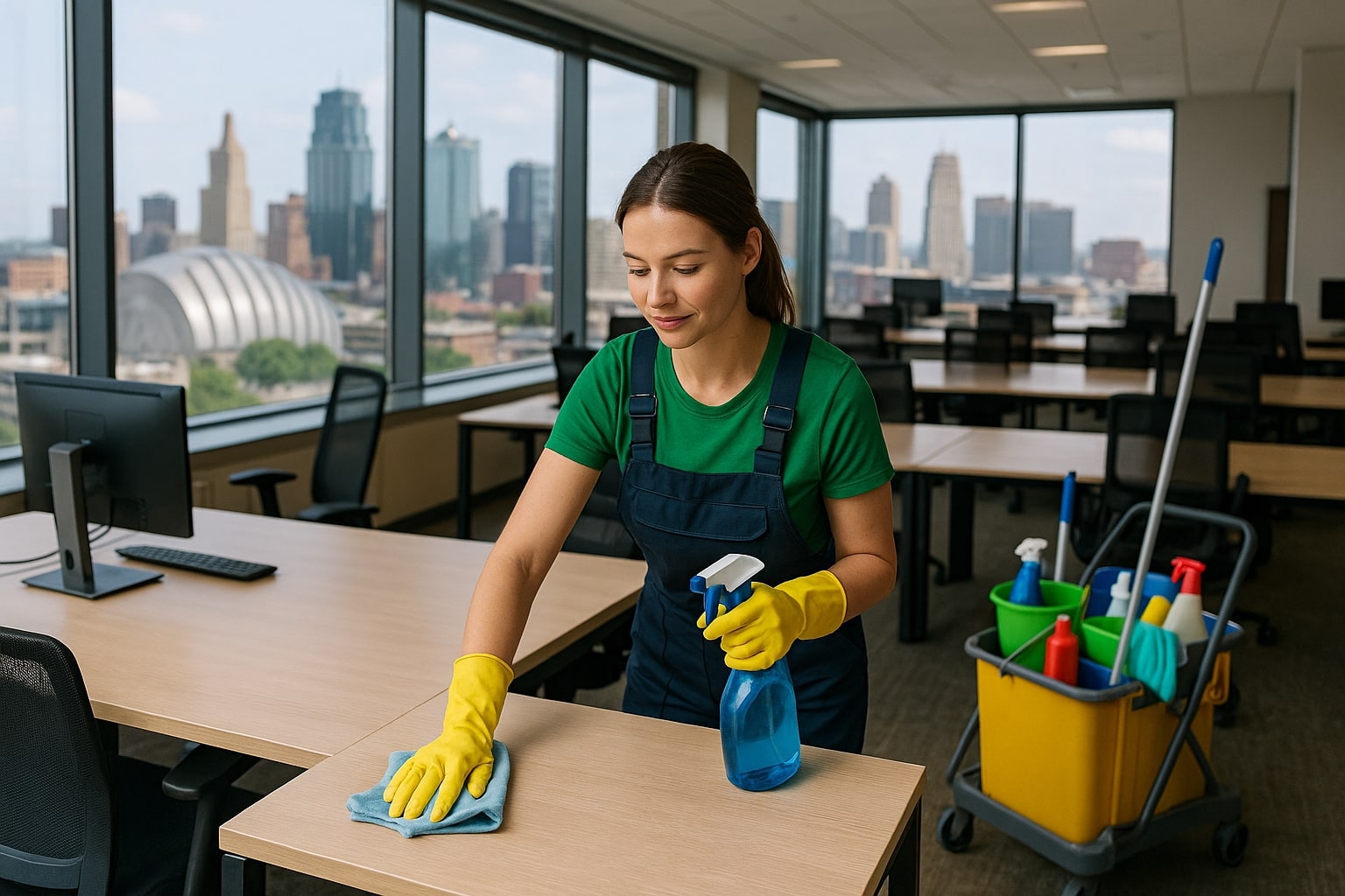 A janitor wearing gloves cleans an office desk with a cloth and spray bottle as part of office cleaning services Kansas City