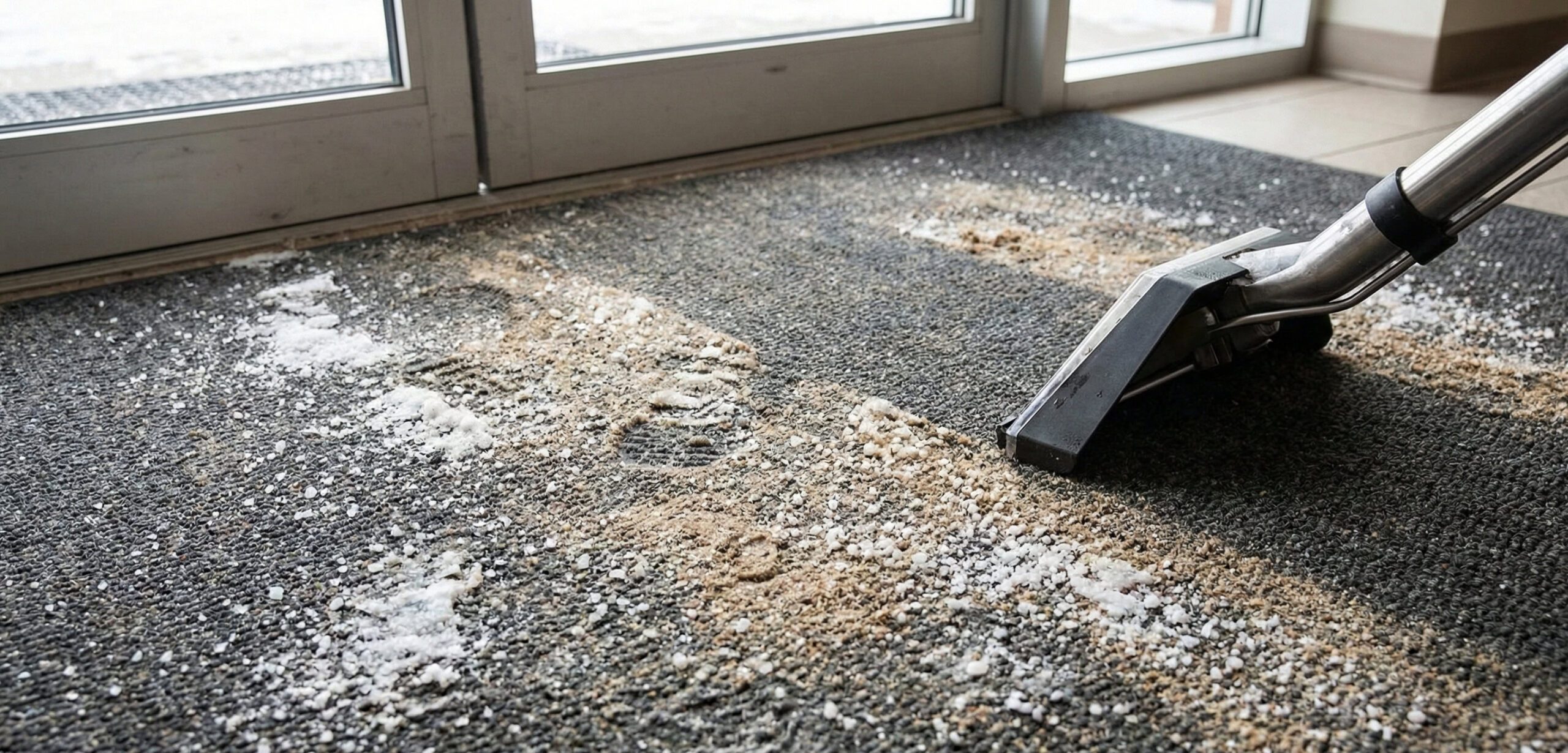 A vacuum cleaner is removing salt and dirt from a dark entryway mat near glass doors, showcasing the attention to detail found in day porter services Kansas City businesses rely on.